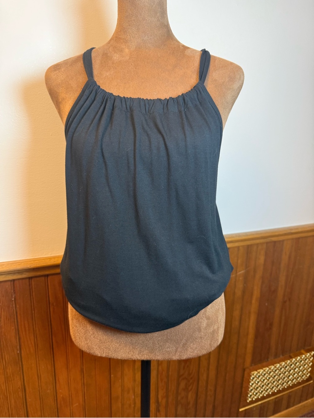 Loveappella Black Gathered Neck Spaghetti Strap Tank